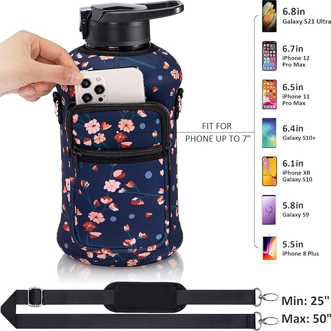 Fimibuke Half Gallon Water Bottle with Sleeve 64 OZ Water Bottle with Handle & Straw Leakproof Motivational Sports Gym Water Bottle with Time Marker BPA Free Water Jug with Reusable Neoprene Holder