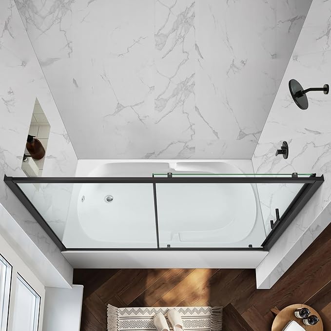 Bathtub Shower Glass Door 57"-59" W*60" H, Single Sliding Shower Doors, 1/4"(6mm) Thick Clear Tempered Glass Door, Matte Black
