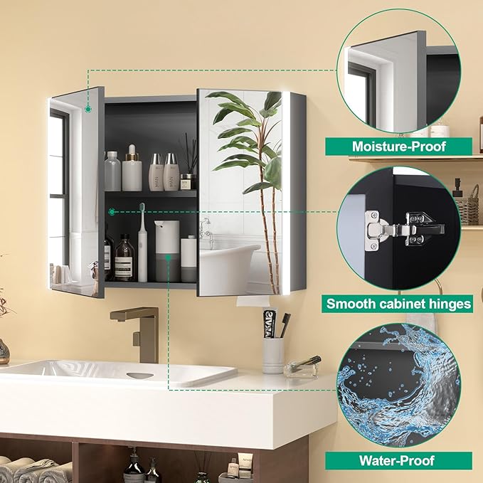 36x28 Medicine Cabinet with Light, AL Alloy Frame, Full-Assembled Bathroom Mirror Cabinet with Brightness Adjustable and Storage, Led Medicine Cabinet Mirrored with Recessed or Wall Mount, Black