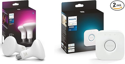 Philips Hue Smart Lighting Bundle: 2-Pack BR30 LED Smart Light Bulbs (White and Color Ambiance) with Philips Hue Bridge - Control with Hue App, Compatible with Alexa, Google Assistant, Apple Homekit