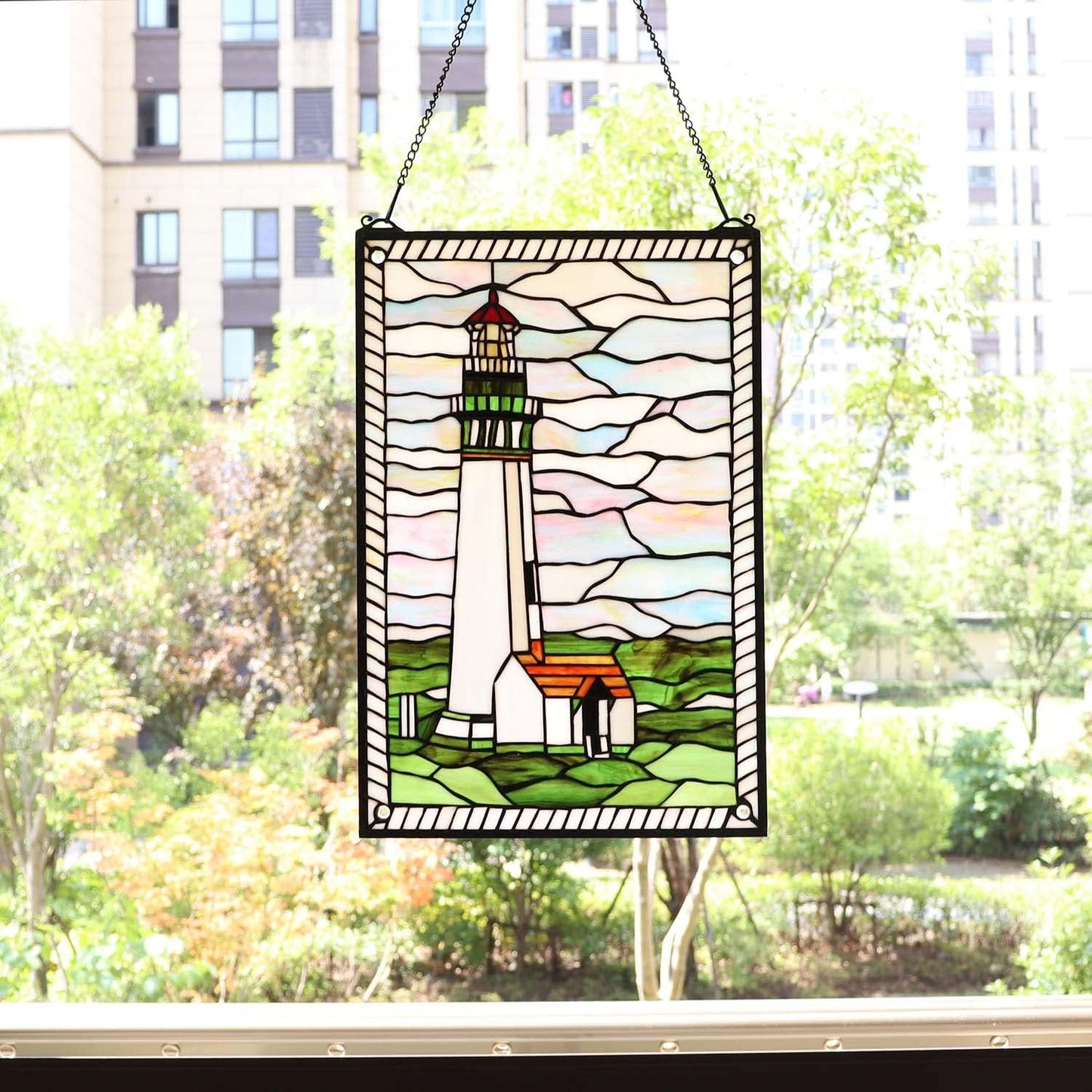 Bieye W10005 Pigeon Point Lighthouse Tiffany Style Stained Glass Window Panel with Hanging Chain, 15" W x 23" H