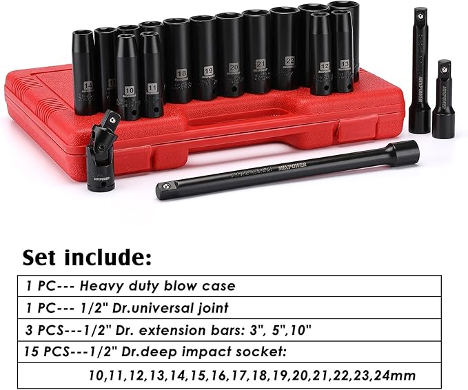 MIXPOWER 1/2-Inch Drive Deep Impact Socket Set, CR-V, Metric Size 10-24mm, 6 Point, Perfect for Home, Mechanic and Repair Project, 19-Piece Sockets Set with Extension Bar and Universal Joints.