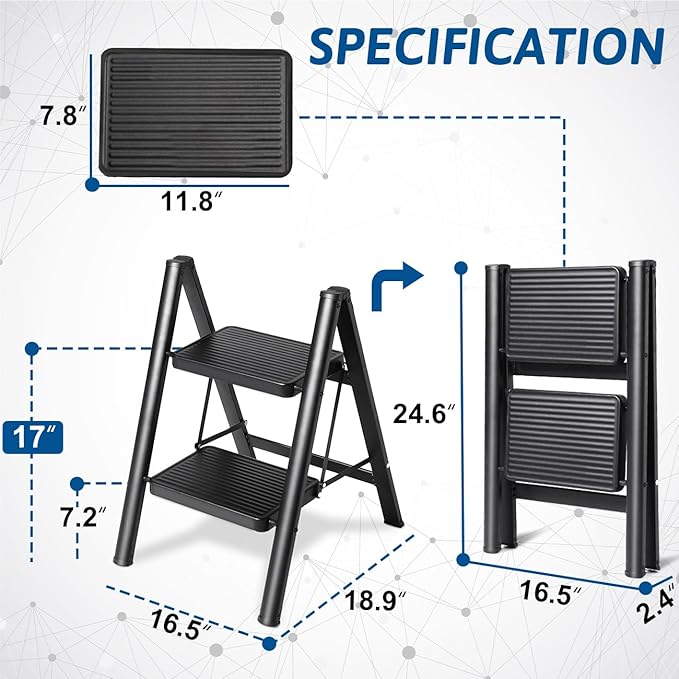 Double Elite Step Ladder 2 Step Folding, Sturdy 330 Lbs Load Folding Step Stool for Adults, Safer Full Steel Frame, Multi-use Closet/Home Kitchen Small Step Ladder with Wide Pedals, Black