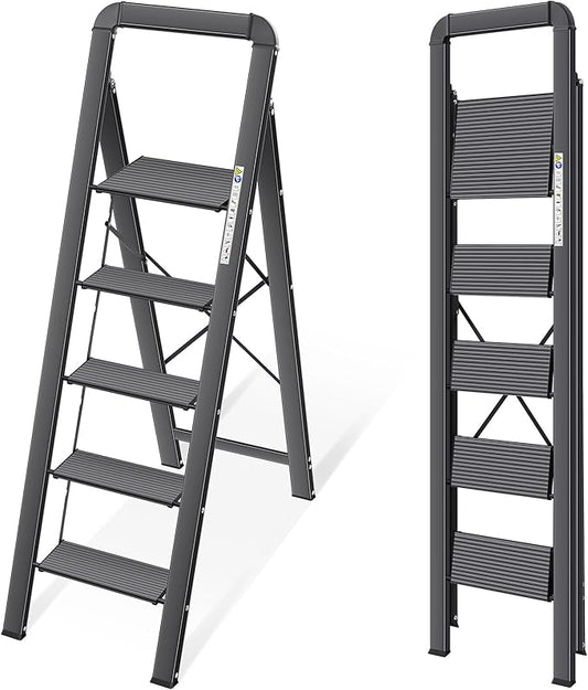 KINGRACK Aluminium 5 Step Ladder, Lightweight Step Stool with Non-Slip Pedals, Handrail, Folding Step Ladder for Kitchen, Garage, Home, Space Saving, Sturdy and Portable, Black