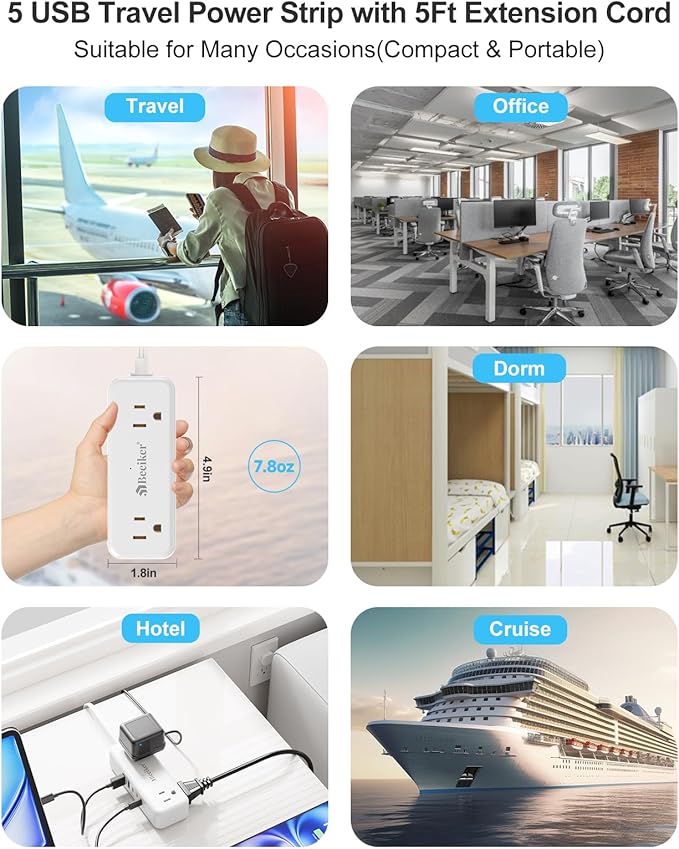 5 USB(3 USB C) Travel Power Strip- 5Ft Short Extension Cord with 5 USB Charging Station 24W/4.8A and 4 Wide Outlets, Compact Flat Plug Small Extension Cord for Travel Cruise College Dorm Office White