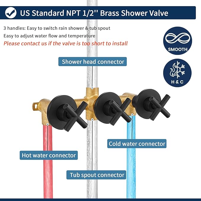 3 Handles Shower Faucet Set with Tub Spout Bathtub Shower Faucet Combo Set Shower Systems Complete Tub and Shower Trim Kit Matte Black…