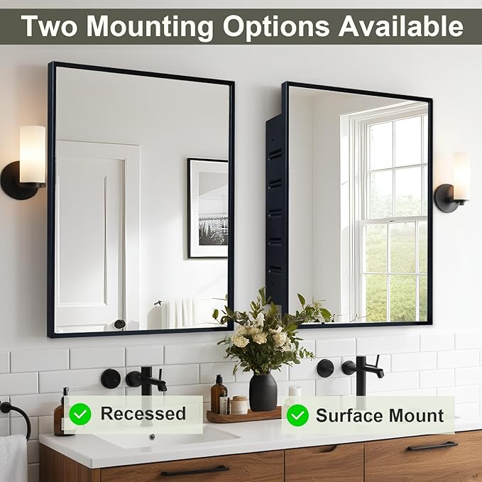 Recessed Medicine Cabinets with Mirror, Black Bathroom Mirror with Storage, Rectangle Medicine Cabinet Vanity Mirrors, Antirust Metal Framed Wall Mirror Recessed or Surface Mount, 16x24 Inch