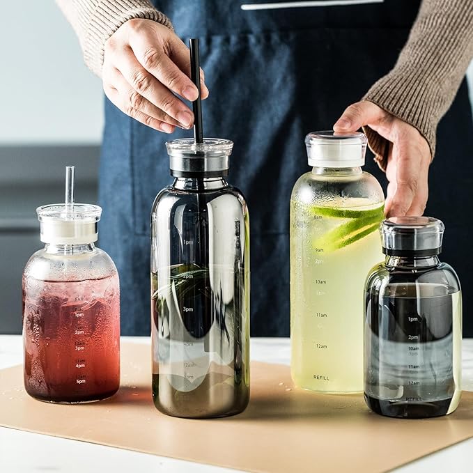 Glass water bottle With Time Marker -24oz with 2 caps and straw,Reusable Glass Drinking Bottles，Suitable For Drinks, Juices, Sodas, Coke, As Gifts Etc (24oz*2pcs)