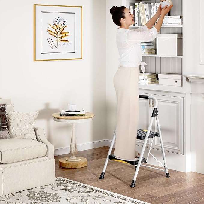 2 Step Ladder, Folding Steel Step Stool with Safety Lock, Anti-Slip Wide Pedals, Pass 800lbs Load Testing, Handrail, Heavy Duty Portable Ladder for Multi-Purpose, Indoor, Office, Kitchen