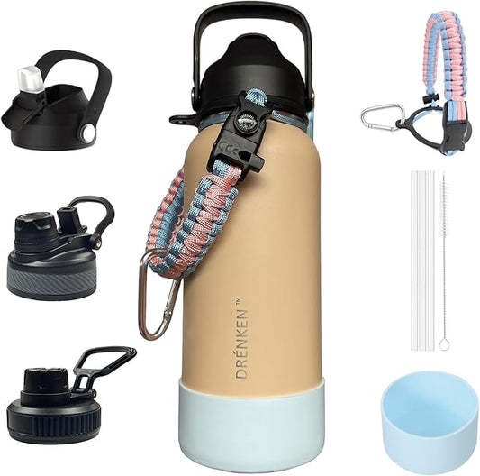 Water Bottle, Insulated water bottle, Stainless steel water bottle for kids men women Sports water bottle 32 oz Water bottle with straw Insulated Flask (Nude)