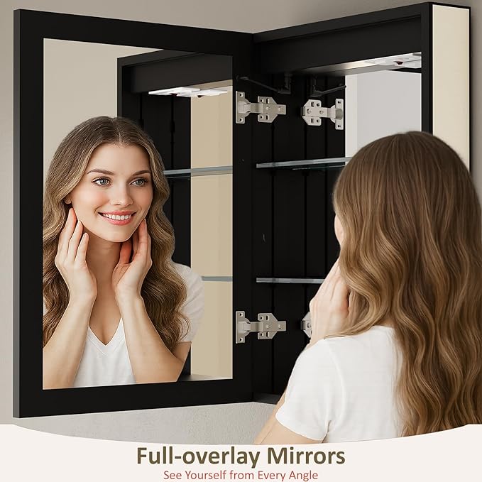 24x30 Inch Medicine Cabinet with Mirror, Recessed or Surface Mount Bathroom Medicine Cabinet with LED Lights, Anti-Fog, Adjustable Shelf, Dimmable Light, Outlets & USB,ETL Listed, Black