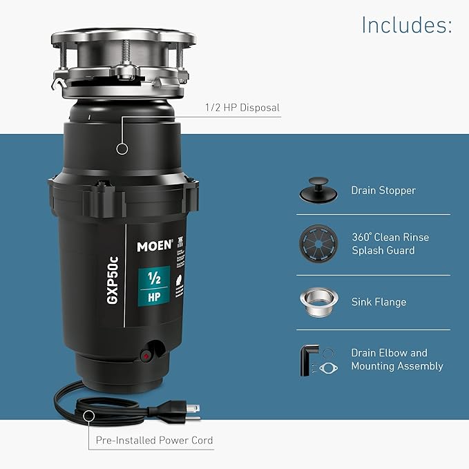 Moen Prep Series PRO 1/2 HP Continuous Feed Compact Garbage Disposal, Power Cord Included, GXP50C (Pack of 2)
