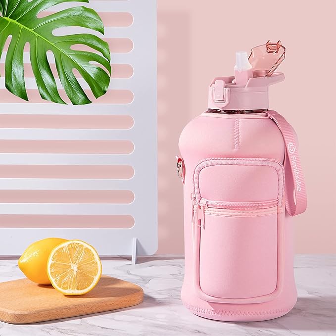 Fimibuke Half Gallon Water Bottle with Sleeve 64 OZ Water Bottle with Handle & Straw Leakproof Motivational Sports Gym Water Bottle with Time Marker BPA Free Water Jug with Reusable Neoprene Holder