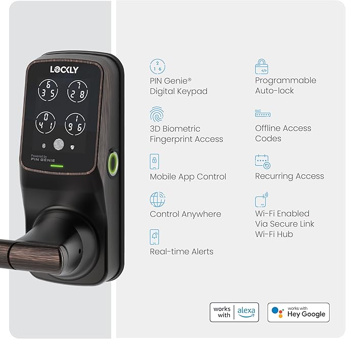 Lockly Secure Pro Smart Lock Wi-Fi, Keyless Entry Digital Keypad Door Lock, 3D Biometric Fingerprint Sensor Front Door with Handle, Voice Control & Auto Lock - Latch Edition