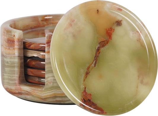 Marble Coasters Set of 6 Green Onyx 3.5 Inch Round Coaster for Drinks with Holder, Drink Coaster for Tabletop & Coffee Table Decor, Ideal Home Decor House Warming Gifts
