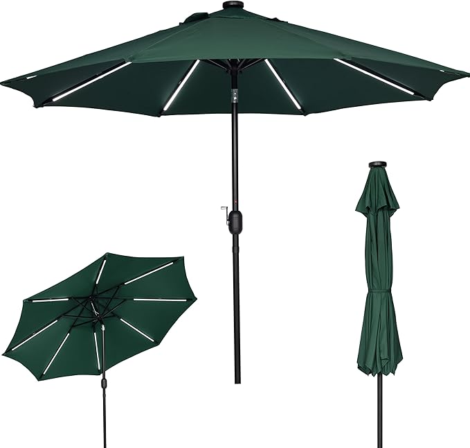 Sunnyglade 9FT Outdoor Solar LED Lighted Patio Umbrella with 8 LED Strip Lights & 8 Ribs, Convenient Crank Lift System
