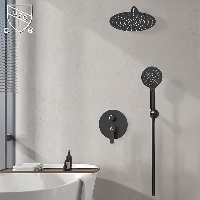 Shower Faucet Set 10IN Brass Rough-In Valve Body Trim Kit Rainfall Included Handle Accessories Complete 2 Functions with Rain Head and Handheld Bathroom Systems (10'', Matte Black)