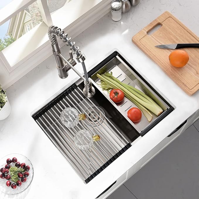 24 Inch Undermount Kitchen Sink, BoomHoze 24 x 19 Inch Sink Kitchen 16 Gauge Stainless Steel Workstation Undermount Single Bowl Outdoor