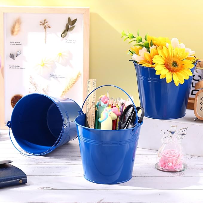 Rtteri 24 Pcs Metal Bucket, Small Metal Bucket, Party Favor Buckets with Handle, 6 x 5 Inch Ice Bucket for Kids, Flower Pot Plant Basket, Mini Toy Containers for Crafts Candy (Dark Blue)