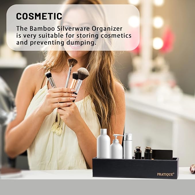 Bamboo Drawer Organizer - Kitchen Utensil Organizer Silverware Tray Cutlery Holder，Office Desk Supplies and Accessories,15 * 5.9 * 2.6,Black