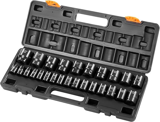 VEVOR Impact Socket Set 1/2 Inches 26 Piece Impact Sockets, Shallow Socket, 6-Point Sockets, Rugged Construction, CR-M0, 1/2 Inches Drive Socket Set Impact Metric 10mm - 36mm, with a Storage Cage