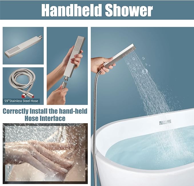 Aolemi Freestanding Tub Filler Brushed Nickel Floor Mount Bathtub Faucet Bathroom Waterfall Brass Tap Single Handle with Handheld Shower Swivel Spout