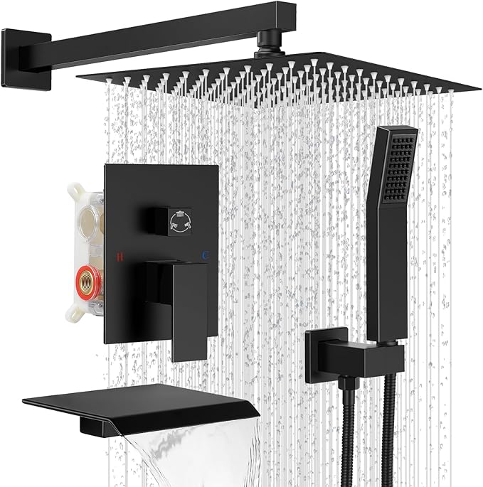 Rain Shower Faucet Set Wall Mounted Rainfall with Tub Spout Shower Head System Rough-in Valve Body and Trim Included Black (10 Inches)