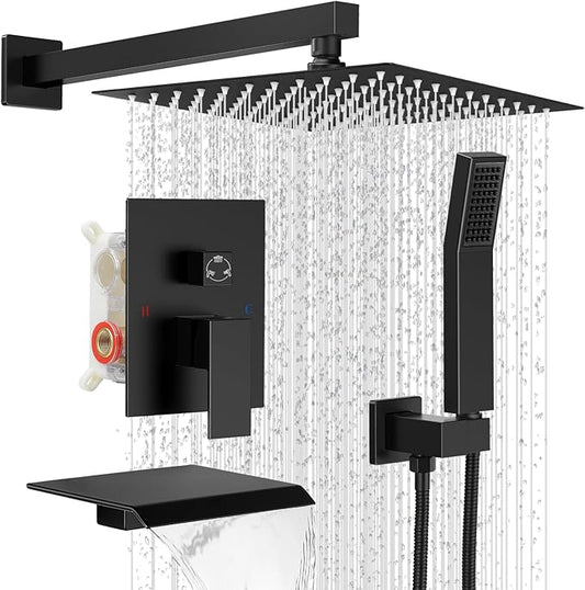 Rain Shower Faucet Set Wall Mounted Rainfall with Tub Spout Shower Head System Rough-in Valve Body and Trim Included Black (10 Inches)