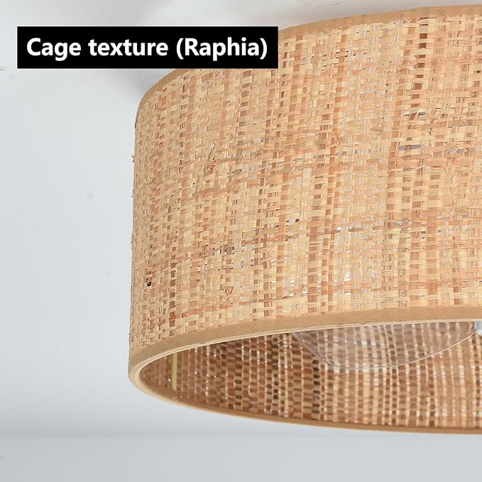 Boho Small Reversible DC Ceiling Fan with Light Fixture and Remote Control ,Flush Mount Drum Caged Enclosed Round Cage Low Profile Fandelier for Bedroom Indoor Kitchen Nursery Office Dining Room