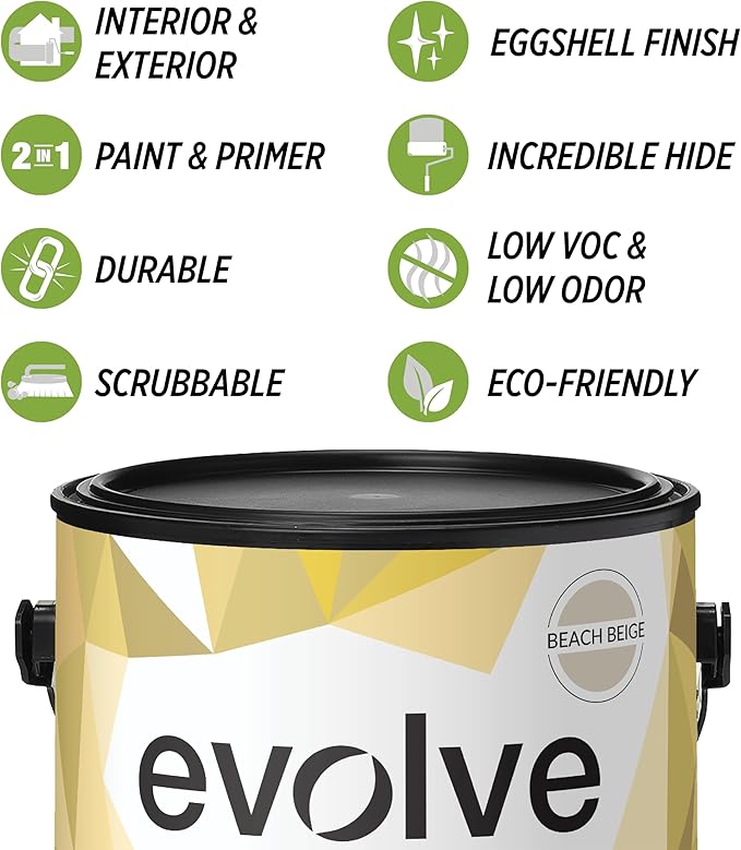 EVOLVE Paint & Primer: Environment-friendly, Low Sheen with One-coat Coverage for Interior & Exterior surfaces (Beach Beige, 5-Gallon)