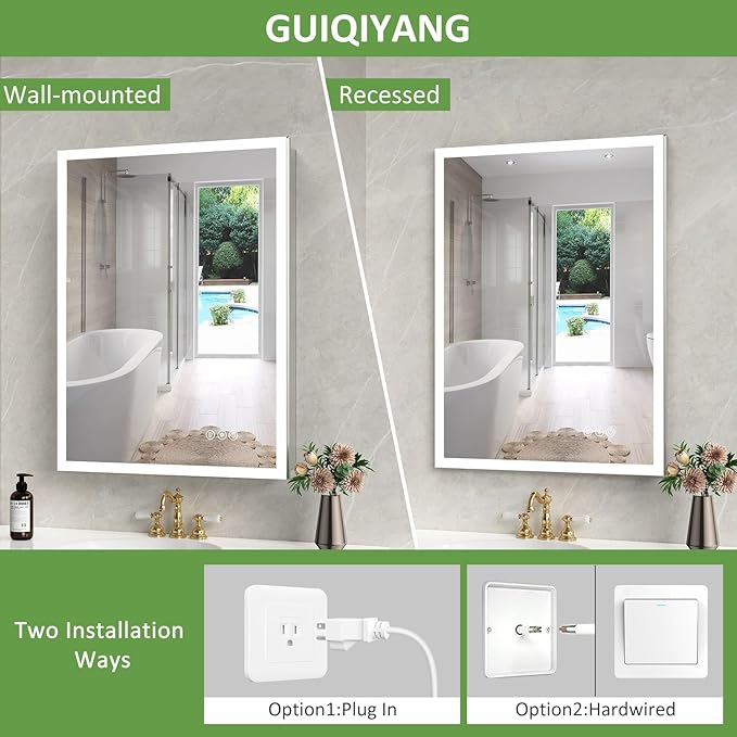 Medicine Cabinet with Lights, Bathroom LED Mirror Cabinet with Storage, Anti-Fog & 3 Color Lights, Recessed or Wall Mounted (24X32 in)