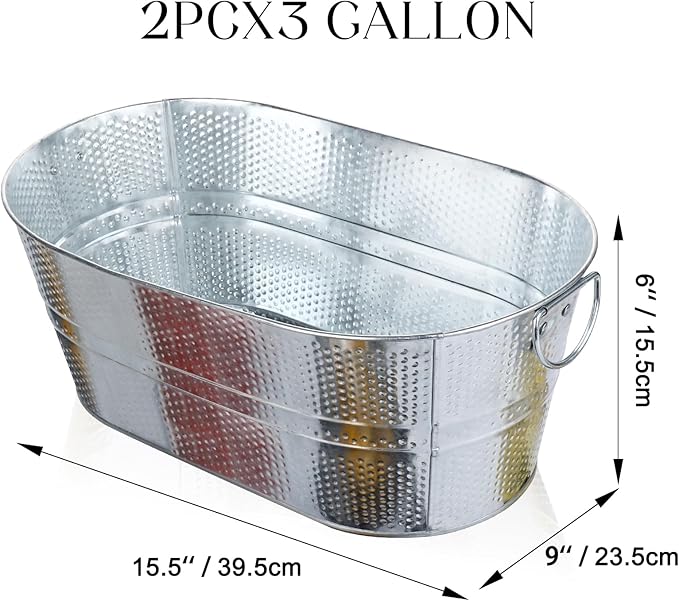 Galvanized Tub Dot Beverage Tubs 2pcs Metal Ice Buckets for Cocktail Bar 3 Gallon Wine Beer Drink Buckets with Handles Large Tub Cooler Mimosa Bar Supplies Ice Bucket for Parties (Galvanized 2pcs)