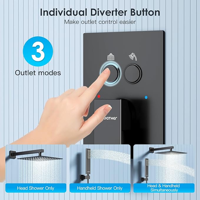 Shower System Shower Faucet Set with Push-Button Diverter and Wall Supply Elbow 12 Inch Shower Head Matte Black