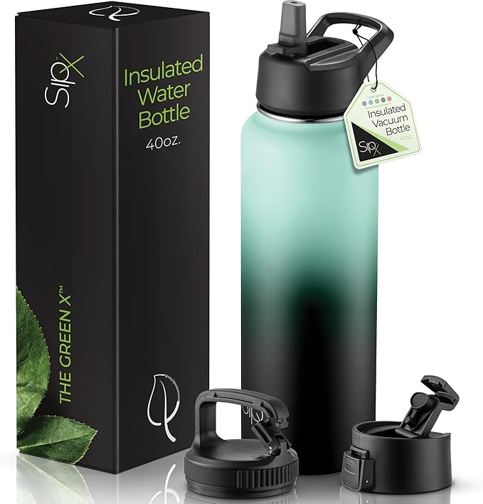 SipX™ Triple-Insulated Stainless Steel Water Bottle 40oz. With 3 Lids, BPA-Free Reusable Insulated Water Bottle Keeps Cold 24 Hours, Metal Water Bottle Made Of Sustainable Material For Hiking & Biking