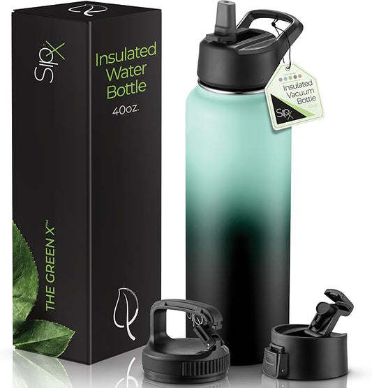 SipX™ Triple-Insulated Stainless Steel Water Bottle 40oz. With 3 Lids, BPA-Free Reusable Insulated Water Bottle Keeps Cold 24 Hours, Metal Water Bottle Made Of Sustainable Material For Hiking & Biking