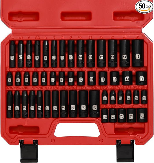 Mayouko 50PCS 1/4 Inch Drive Master Impact Socket Set,Metric/SAE,Deep/Shallow,6 Point,CR-V, 5/32 Inch - 9/16 Inch, 4mm - 15mm