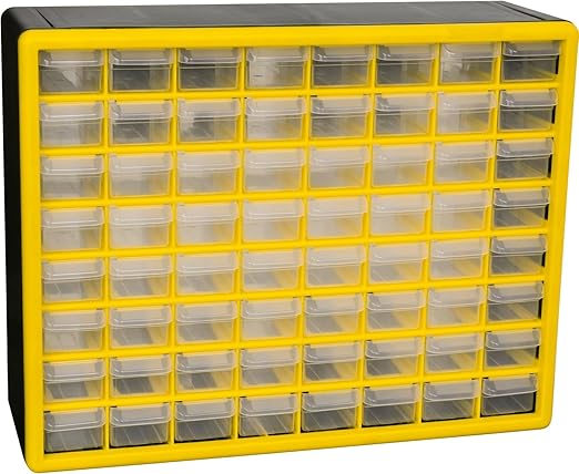 Akro-Mils 64-Drawer Plastic Drawer Storage Cabinet for Garage Organization, Bead Organizer, Building Bricks Storage, Teacher Toolbox, Makeup Organizer, 20-Inch W x 6-Inch D x 16-Inch H, 10164 Yellow