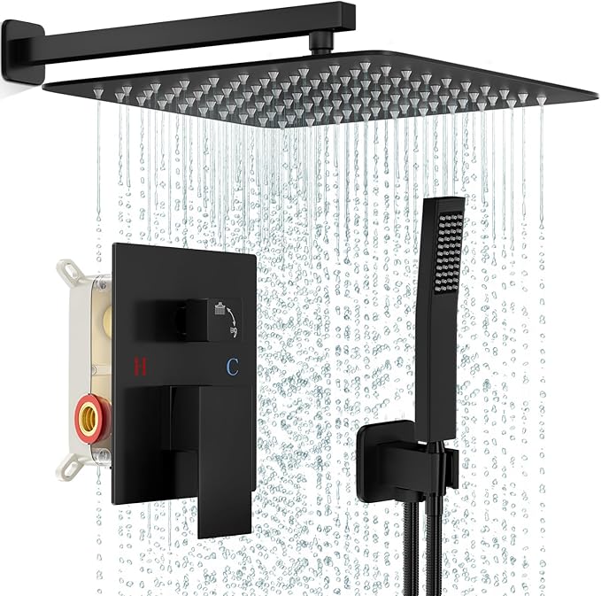Black Shower Faucet Set, Rainfall Shower System with Square Shower Head and Handle Set, Wall Mounted Shower Fixtures, Full Metal Trim Repair Kit 16 inch Matte Black (With Shower Valve)