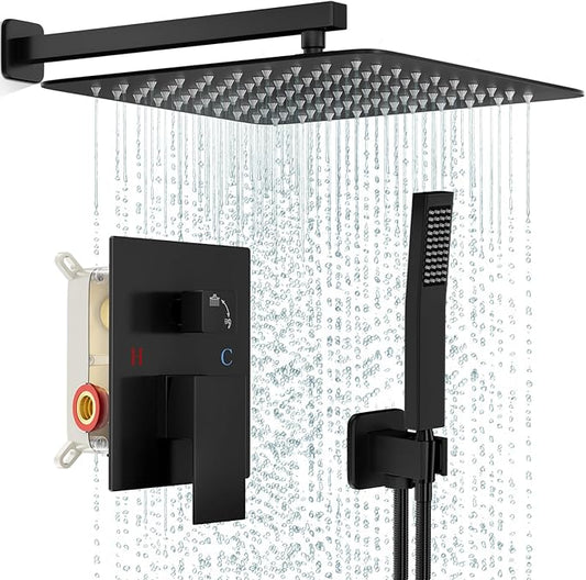 Black Shower Faucet Set, Rainfall Shower System with Square Shower Head and Handle Set, Wall Mounted Shower Fixtures, Full Metal Trim Repair Kit 16 inch Matte Black (With Shower Valve)