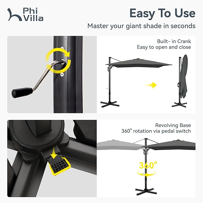 PHI VILLA 10ft Patio Umbrella with Base. 360° Rotation & 7-Level Tilt Outdoor Cantilever Umbrella with Easy Crank Handle. Square Offset Umbrella Heavy Duty for Garden Poolside Backyard (Grey)
