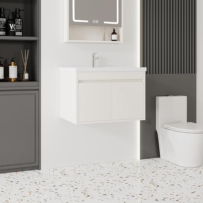 28'' Bathroom Vanity with Ceramic Sink Combo, Wall Mounted Small Bathroom Vanity with Soft-Close Door Modern Floating Cabinet, Pop-up Drain, P-Trap Included, Khaki(No Faucet)