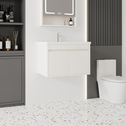 28'' Bathroom Vanity with Ceramic Sink Combo, Wall Mounted Small Bathroom Vanity with Soft-Close Door Modern Floating Cabinet, Pop-up Drain, P-Trap Included, Khaki(No Faucet)