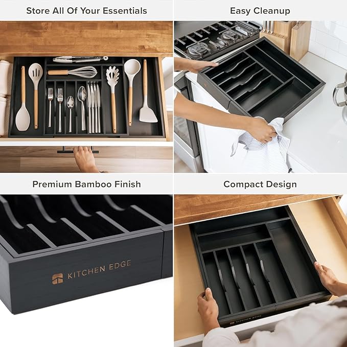 KitchenEdge Premium Silverware, Flatware and Utensil Organizer for Kitchen Drawers, Food-Safe Contract Grade, Expandable from 16 to 28 In, Black Bamboo