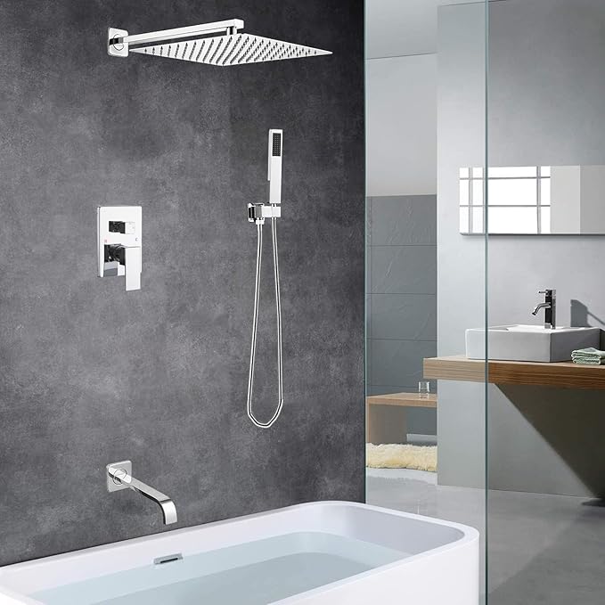 Chrome Shower System Bathroom Shower Faucet Set with Tub Spout Wall Mounted 12 Inch Shower Head and Handle Set with Handheld 3 Function Tub and Shower Trim Kit with Rough-in Valve