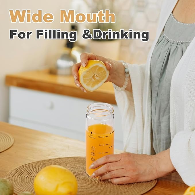 SIEROZUR Juice Bottles - 6 Pack Wide Mouth Glass Bottles with Lids - for Juicing, Smoothies, Infused Water, Beverage Storage - 12oz, BPA Free, Stainless Steel Lids, Leakproof, Reusable, Borosilicate