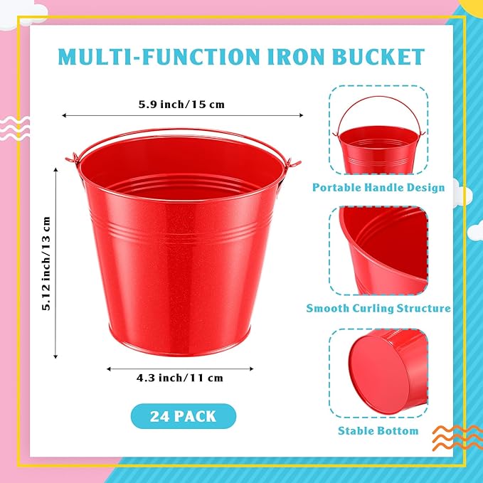 Rtteri 24 Pcs Metal Bucket, Small Metal Bucket, Party Favor Buckets with Handle, 6 x 5 Inch Ice Bucket for Kids, Flower Pot Plant Basket, Mini Toy Containers for Crafts Candy (Red)