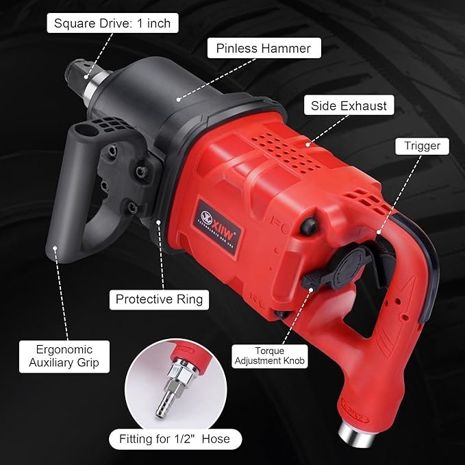 XIIW 1 Inch Air Impact Wrench, Up to 4000 ft-lbs High Reverse Torque, 1'' Lightweight Pneumatic Impact Gun w/ 2 D Handles 3800RPM for Heavy Duty Repairs