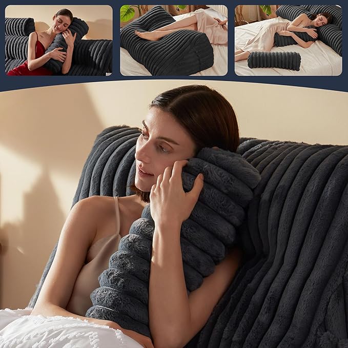 Faux Fur Headboard Pillow with 2 Pack Neck Roll Pillow Large Headboard Pillow Soft and Supportive with Removable Cover (Grey, Queen)