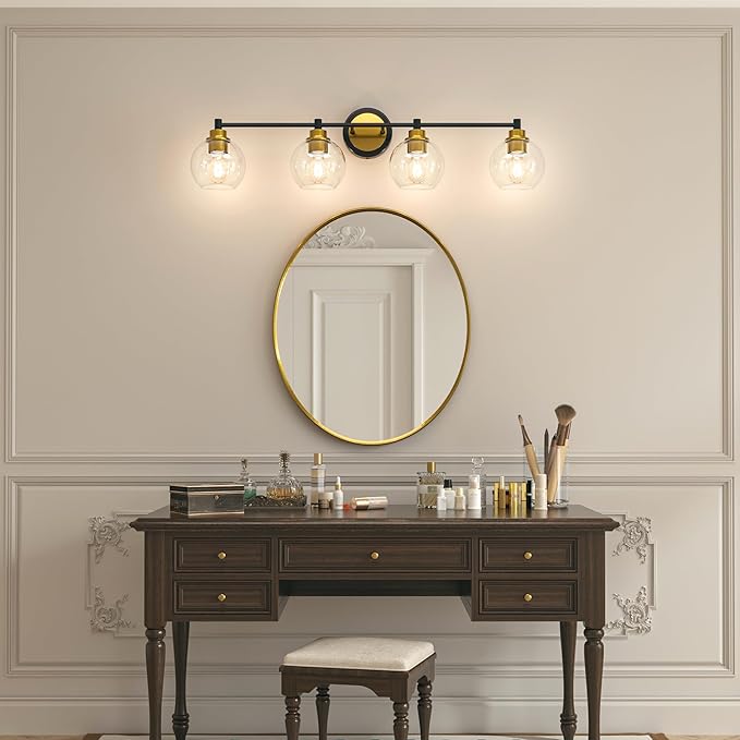 VONLUCE Bathroom Light Fixtures, 4-Light Vanity Lights with Globe Glass Shades, E26 Sockets, Over Mirror for Bedroom Hallway, Black & Gold Finish