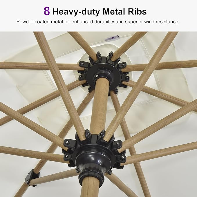 PURPLE LEAF 8 Feet Patio Umbrella Outdoor Table Umbrella Aluminum Market Umbrella with Push Button Tilt & 8 Sturdy Ribs and Crank Round Commercial Sun Umbrella for Garden Patio Balcony, Cream